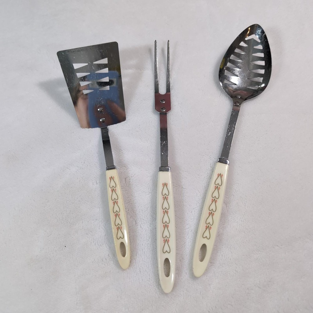Vintage ANDROCK Heart Handle Kitchen Utensils Slotted Spoon, Spatula, Meat Fork